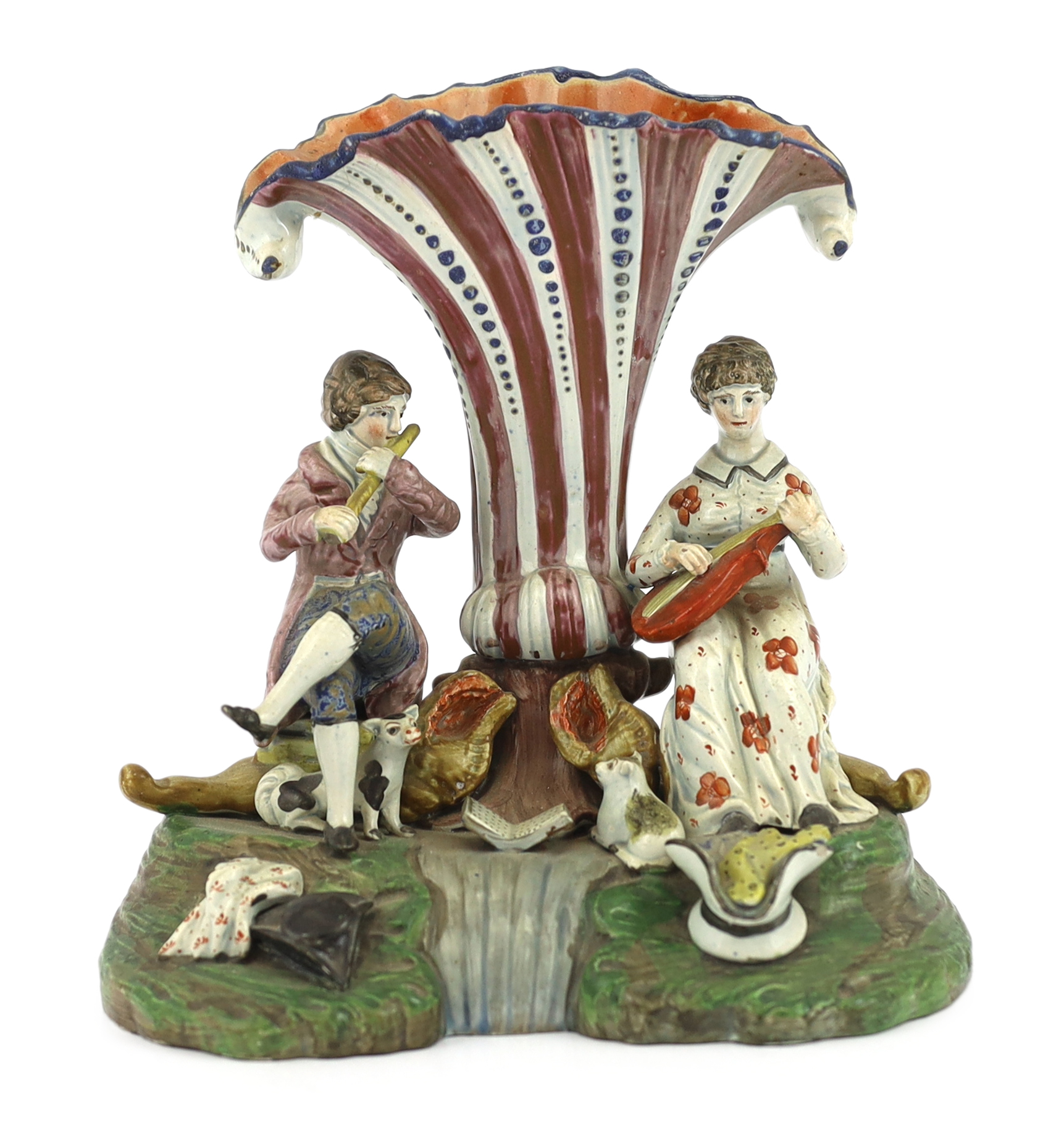 A Staffordshire pearlware musical duet spill vase, c.1820, small repair and loss